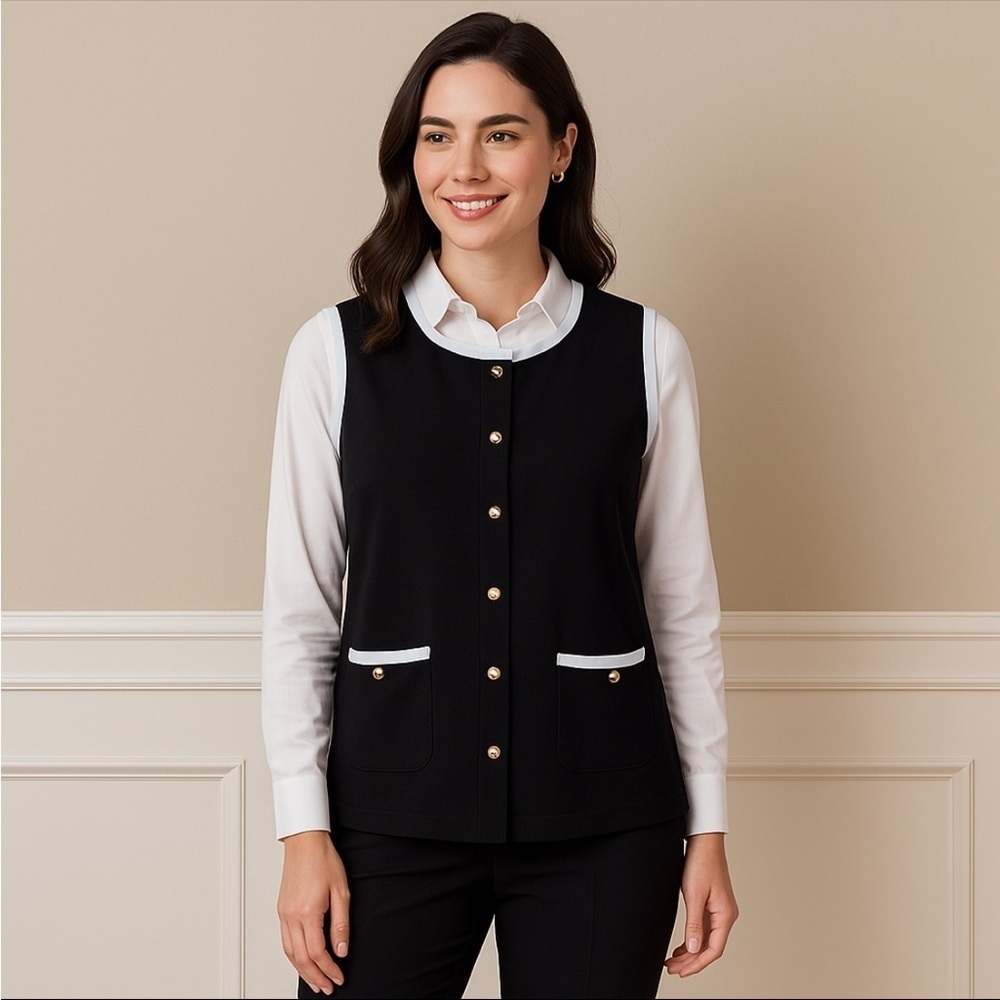 Jones & Co Women’s Black White Trim Button Down Vest Top Size 1X Office Chic